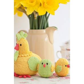 Knitted mother hen and two little chicks in green, yellow and orange
