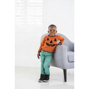 Childs orange and black knitted sweater pattern with pumpkin face motif