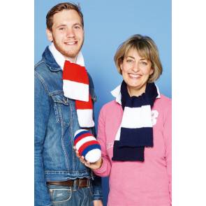 Knitted broad striped rugby scarves and rugby ball toy knit