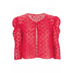 Short knitted lace mohair cardigan for women with puff sleeves and two button fastening at neck