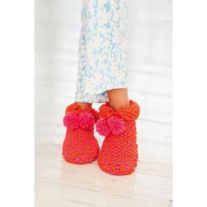 Knitted and crocheted bootee style slippers with pom-poms