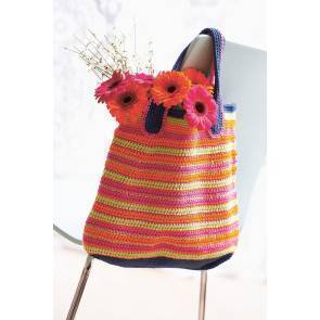 Crocheted bag with multi-colour stripes and blue straps for shopping trips