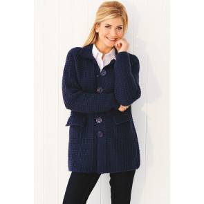 Knitted navy cardigan coat with collar, button front and flapover pockets