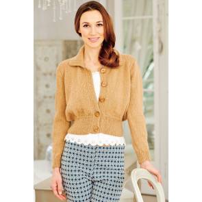 Short retro knitted cardigan with deep waist, buttoned front and collar