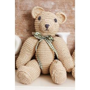 Knitted retro bear from 1960s with chunky arms and gingham bow-tie