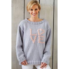 Loose grey knitted ladies' jumper with LOVE in pink worked onto the front