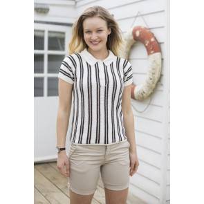 Lady wearing a sporty polo top with vertical stripes