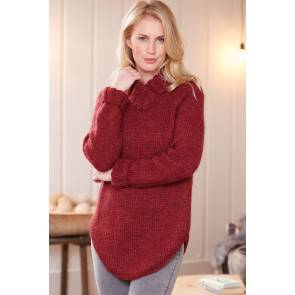 Knitted raglan ladies' long-sleeved sweater with scooped bottom and cross-over V-neck