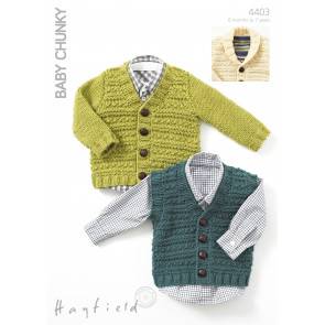 Waistcoat, V Neck Cardigan and Cardigan with Shawl Collar in Hayfield Baby Chunky (4403)