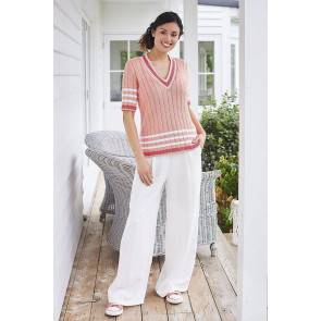 knitted ladies cricket jumper in peach with stripes
