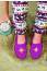 Purple knitted loafer-style slippers with gold stitches